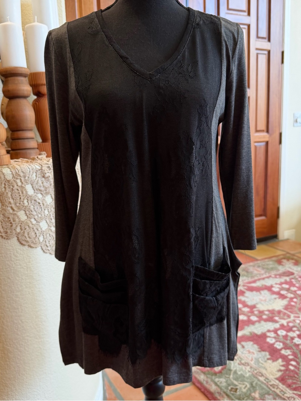 Lynn Ritchie Silver Womens Gray Black Long Sleeve V-Neck Dress W/ Pockets Sz M
